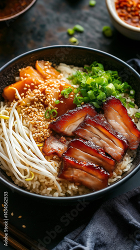 Obraz na płótnie Pork belly rice bowl with sprouts and copy space w salonie