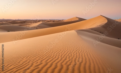 Tranquil golden hour over vast desert landscape with undulating sand dunes