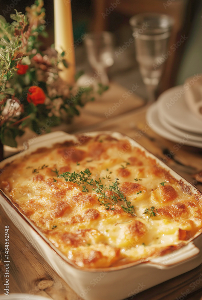 Vertical creamy scalloped potatoes on dinner table
