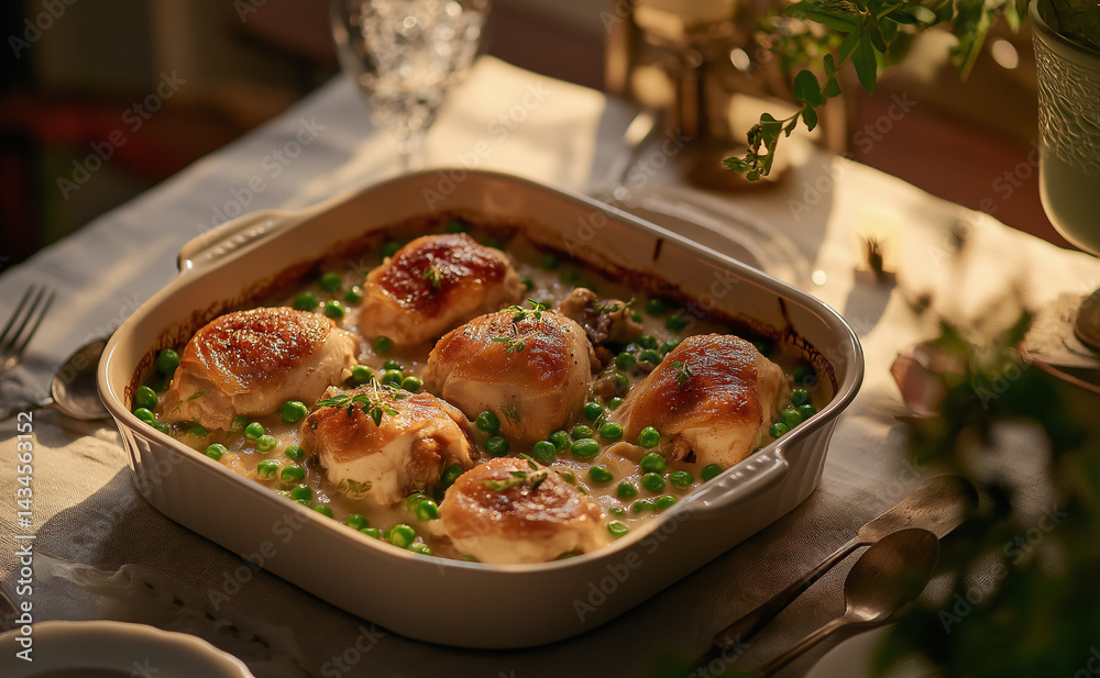 Baked chicken thighs in cream sauce with peas