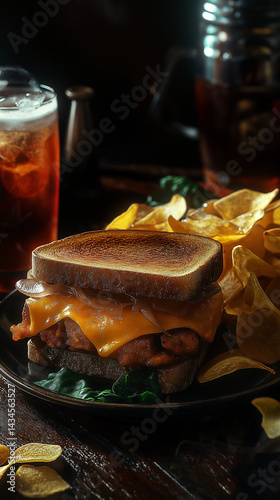 Vertical tuna melt with chips and cola