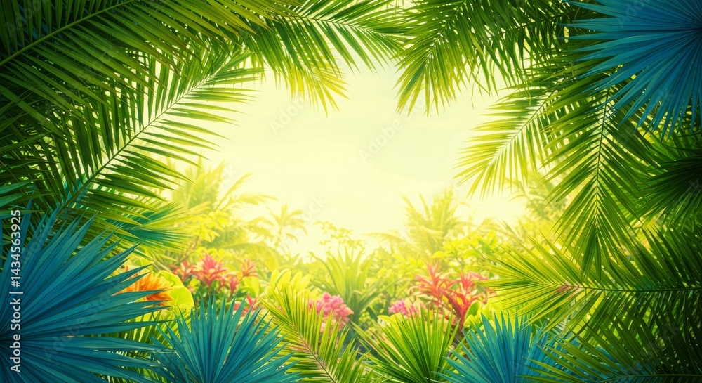 Obraz premium Lush Tropical Paradise - Vibrant tropical foliage creates a lush, sun-drenched frame, perfect for travel, vacation, or nature themes