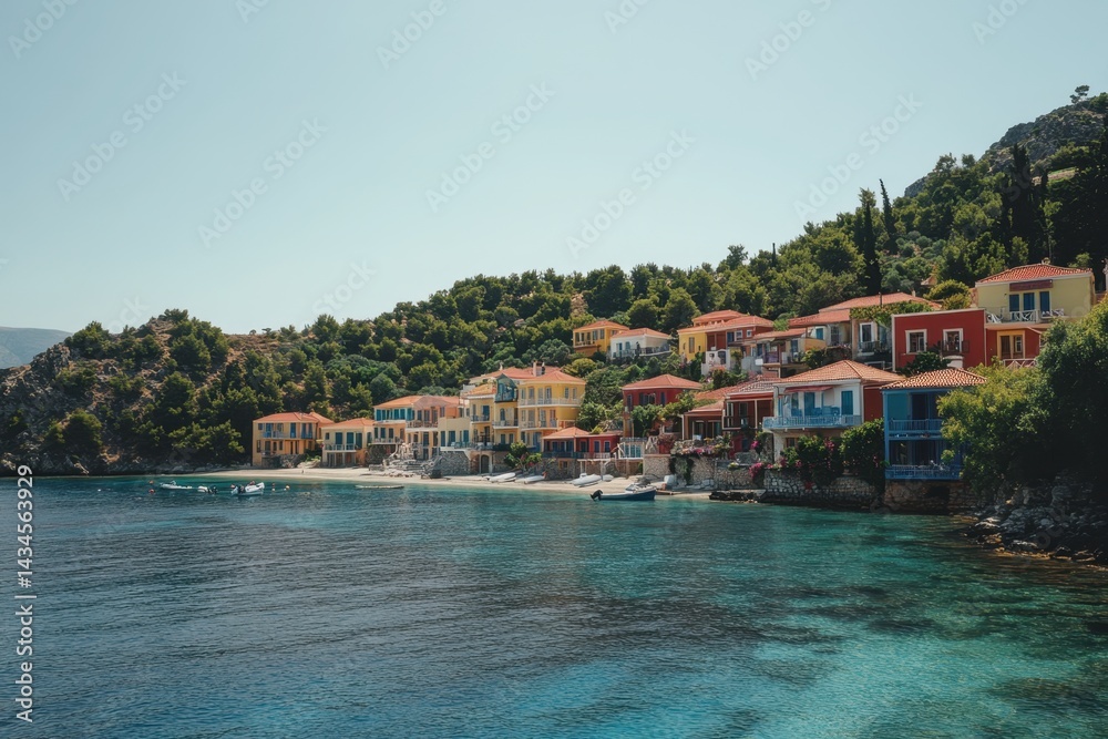 Obraz premium Beautiful view of the colorful buildings and clear blue water in Assos, Kefalonia island, Greece Generative AI