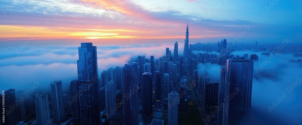 Fototapeta premium Cityscape in dense fog aerial view sunrise haze modern architecture