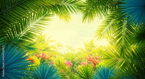 Lush Tropical Paradise - Vibrant tropical foliage creates a lush, sun-drenched frame, perfect for travel, vacation, or nature themes