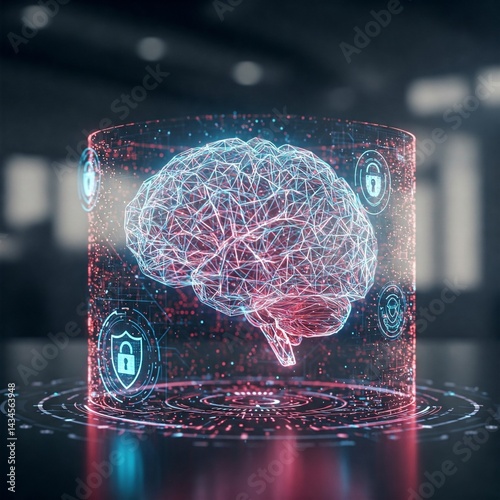 Abstract Brain Data Chains Protected Biometric Wall Cybersecurity Icons
