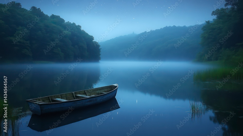 Fototapeta premium Serene Nighttime Lake Scene with a Rowboat and Starry Sky Reflections