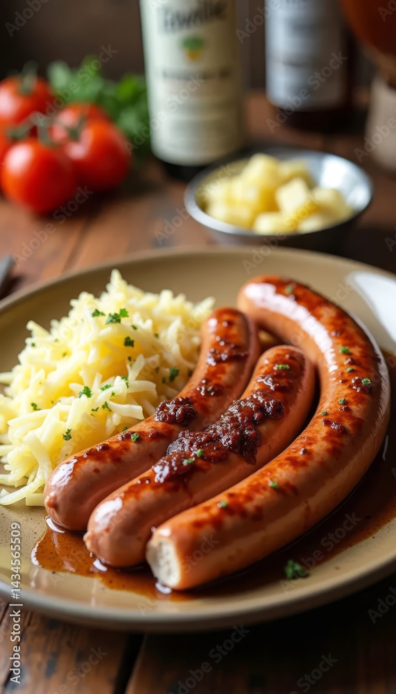 German meal with sausages, sauerkraut, and potatoes.