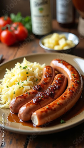 Obraz na płótnie German meal with sausages, sauerkraut, and potatoes. w salonie