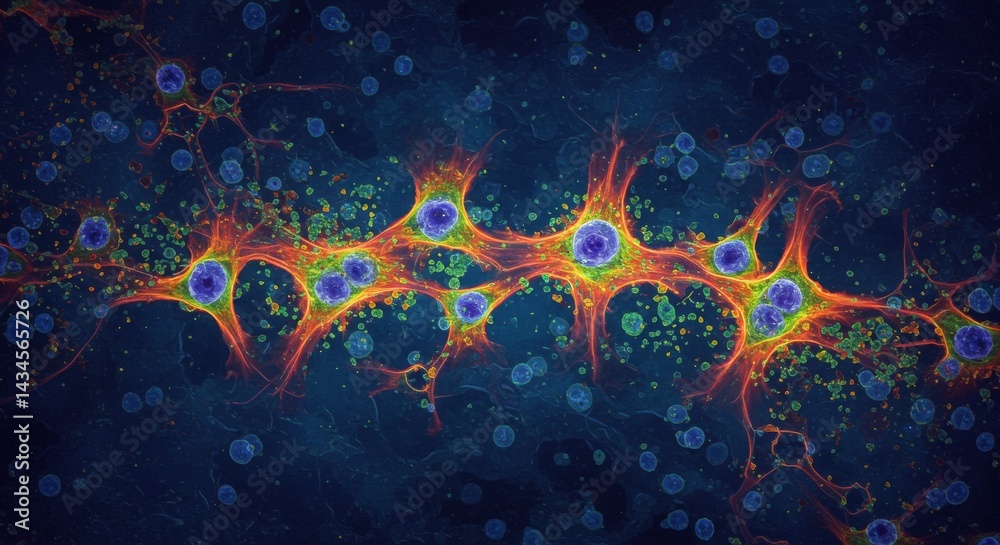 Obraz premium Microscopic Cell Network: Vital Information Transfer - Active cells, vibrant network, information exchange, microscopic view, biological communication