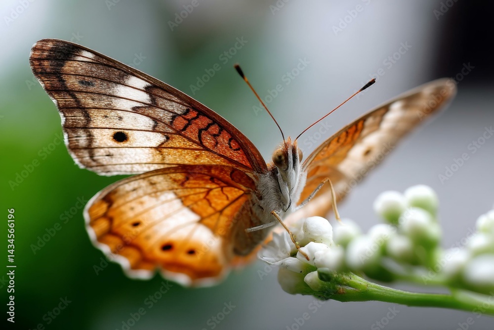 Obraz premium Elegant Brown and Beige Butterfly Perched on Delicate White Blooms in a Garden, Wings Open Displaying Intricate Patterns