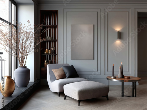 Aesthetic beautiful elegant  modern luxury interior design. Clear mock up empty wall for decoration in the apartment, painting frame. Copy space in the room.