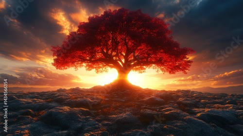 Crimson tree atop rocky hill at sunset