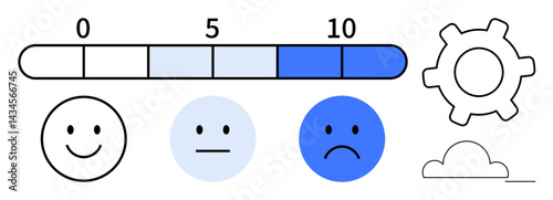 Horizontal rating scale from 0 to 10 paired with happy, neutral, and sad faces, gear icon for customization, cloud for user experience elements. Ideal for feedback, evaluation, sentiment analysis, UX