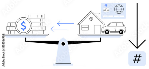 Scales balancing money on one side and assets thumbs up house, car, and digital elements on the other. Ideal for finance management, investment strategy, digital economy, property valuation, wealth