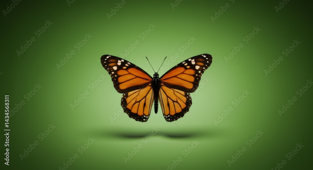 Obraz premium Monarch Butterfly Studio Shot Green Background - A vibrant monarch butterfly in flight, symbolizing transformation, freedom, beauty, nature, and hope. A perfect for nature, wildlife