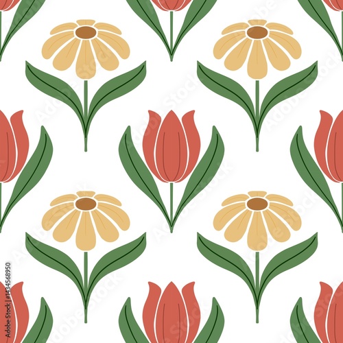 Seamless floral pattern with tulips and daisies 