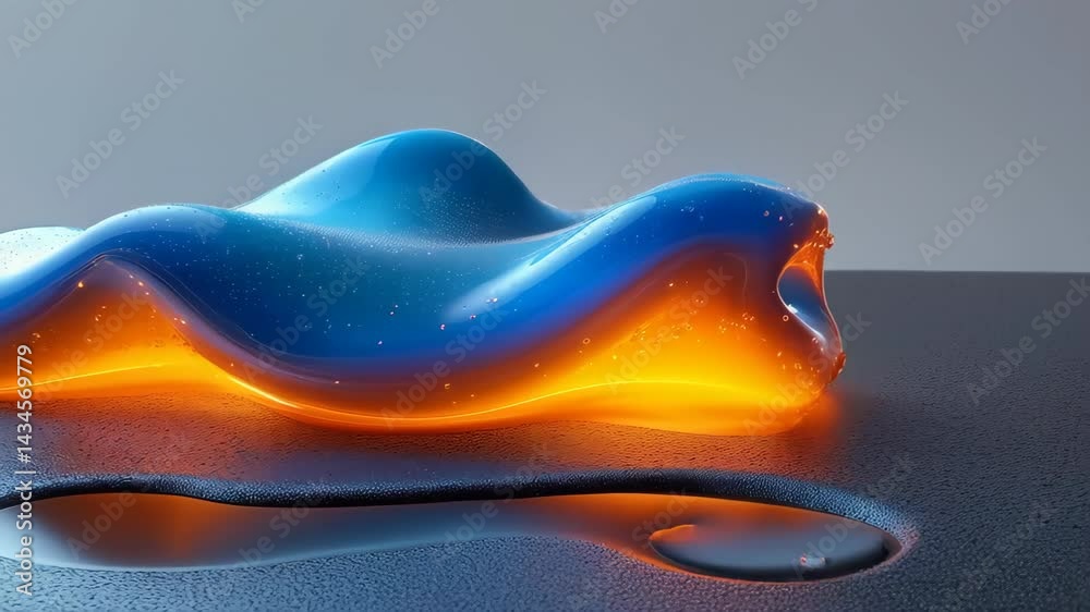 A smooth, colorful abstract shape with a glowing orange edge against a modern background, showcasing vibrant textures and patterns.