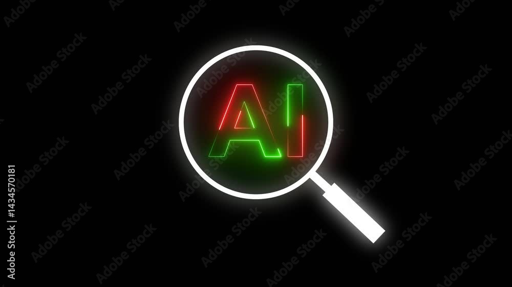 Neon letter Artificial Intelligence with magnifying glass animation on black black background. Neon letter Artificial Intelligence with magnifying glass animation on black black background.