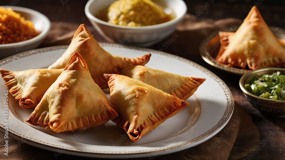 Samosas arranged neatly on a plate, showcasing their golden-brown color and crispy texture, photographed from an angle view for a dynamic presentation of this popular snack. Samosas arranged neatly on a plate, showcasing their golden-brown color and crispy texture, photographed from an angle view for a dynamic presentation of this popular snack.