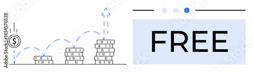 Coins stacking upward with a jump pattern, indicating financial growth. Bold FREE text highlights affordability, savings, and financial accessibility. Ideal for finance, investment, growth, savings