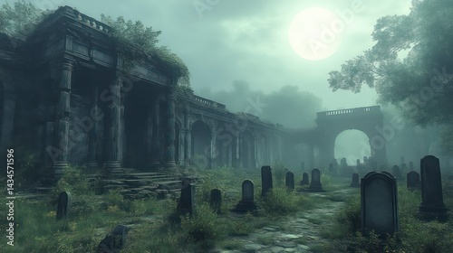 Eerie Cemetery at Dusk with Ancient Ruins and Tombstones