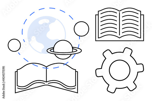 Open books with planetary elements and a gear symbolizing education, scientific discovery, and creativity. Ideal for learning, science, innovation, technology, teamwork, research focus flat simple
