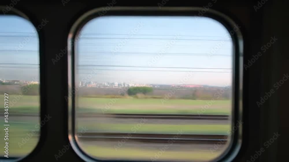 Blurred landscape view from train window representing travel, speed, and journey