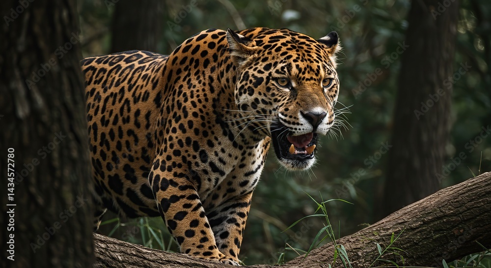 Fototapeta premium Majestic Jaguar Roaring in Lush Rainforest Habitat