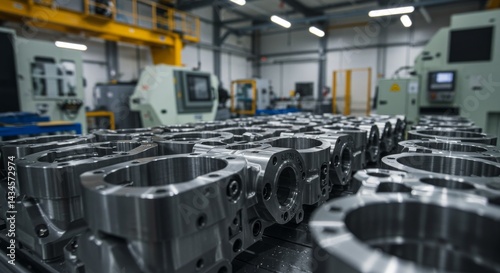 Precision Machined Parts Manufacturing - Close-up of numerous precisely machined metal parts in a factory setting, showcasing high-quality manufacturing