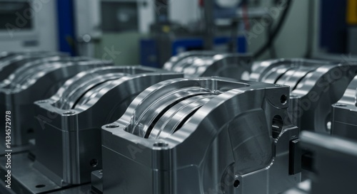 Precision Machined Metal Components - Close-up of precisely machined metal parts, showcasing intricate details and high-quality manufacturing. Ideal for industrial, engineering