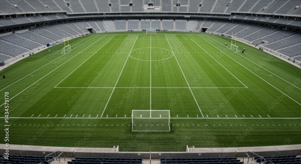 Obraz premium Pristine Green Field Football Stadium - A vibrant green field, marked lines, goals, stadium seating, and a sense of anticipation. Symbolizing competition, teamwork, victory