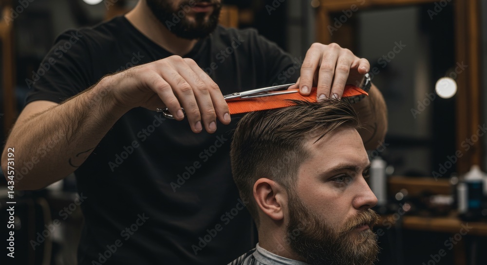 Fototapeta premium Professional Barber Haircut - Close-up of a barber carefully cutting a client's hair with precision using a comb and shears
