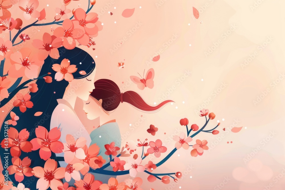 Woman and kid with flowers background wallpaper with copy space