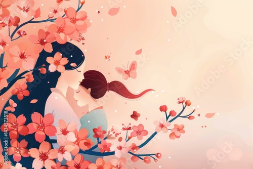 Obraz na płótnie Woman and kid with flowers background wallpaper with copy space w salonie