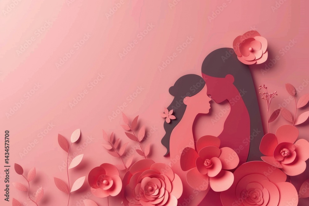 Woman and kid with flowers background wallpaper with copy space