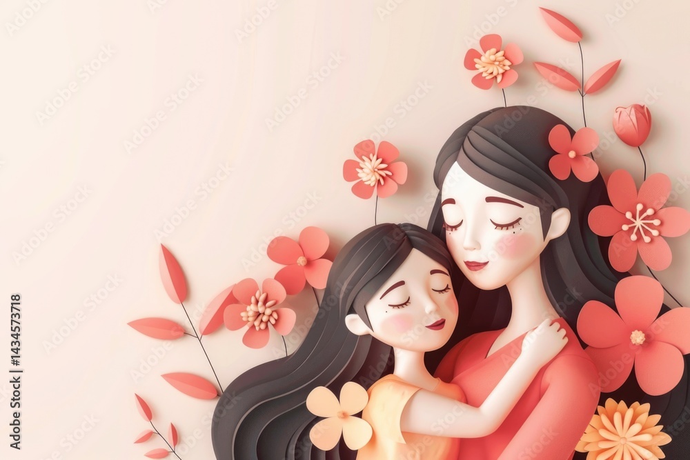 Woman and kid with flowers background wallpaper with copy space