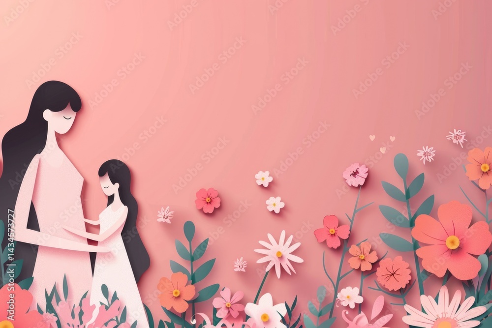 Woman and kid with flowers background wallpaper with copy space