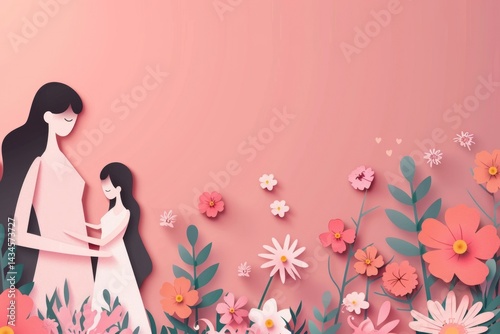 Obraz na płótnie Woman and kid with flowers background wallpaper with copy space w salonie