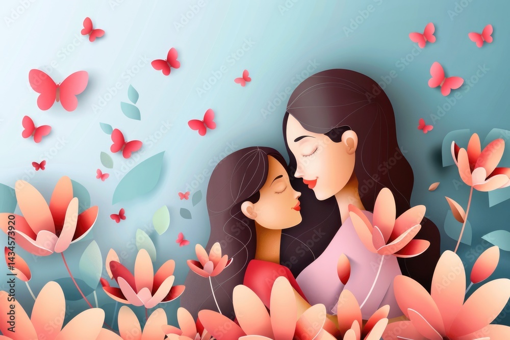 Woman and kid with flowers background wallpaper with copy space