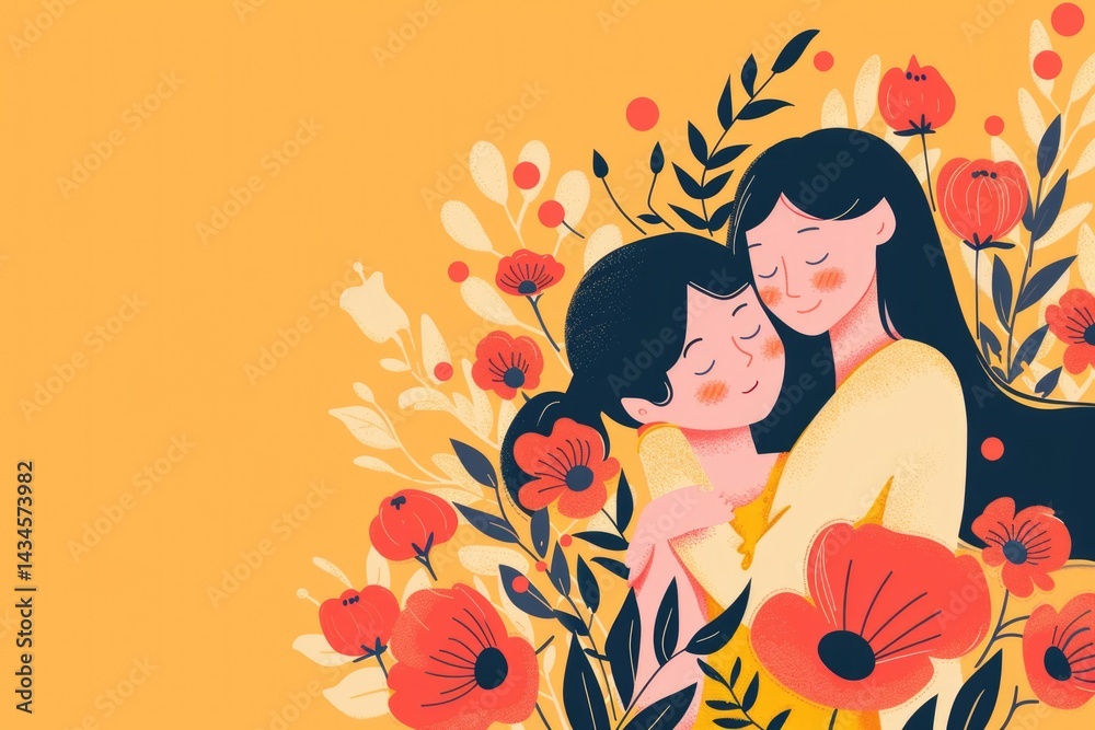 Woman and kid with flowers background wallpaper with copy space