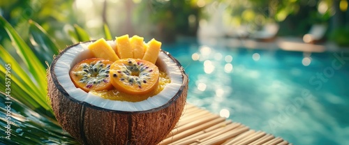 Coconut bowl with mango and passion fruit by shimmering pool tropical vacation still life