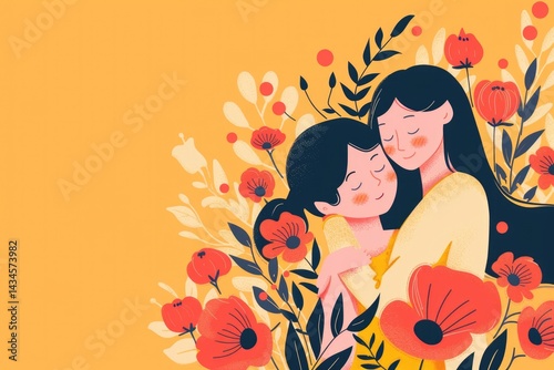 Obraz na płótnie Woman and kid with flowers background wallpaper with copy space w salonie