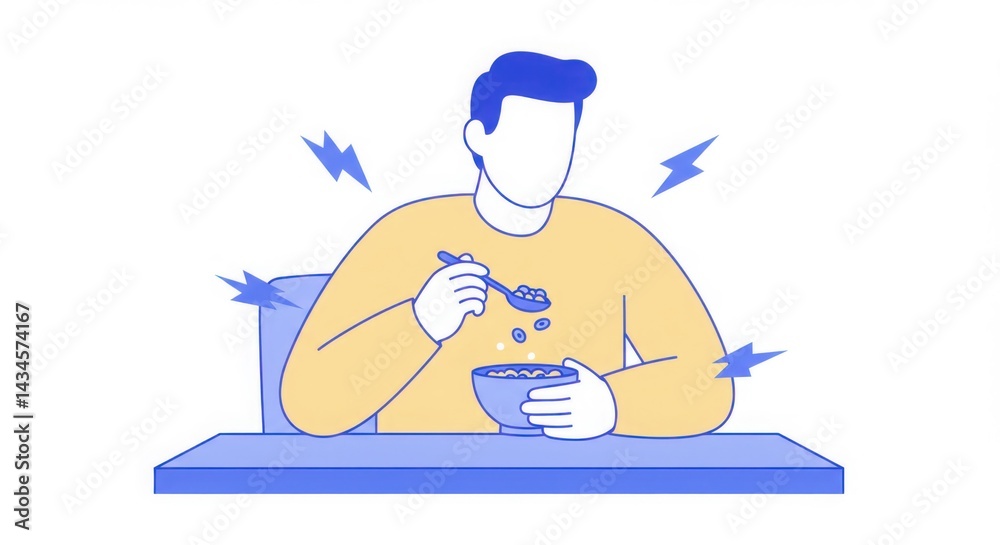 Obraz premium Minimalist man eating a bowl of hot soup, flat illustration style 