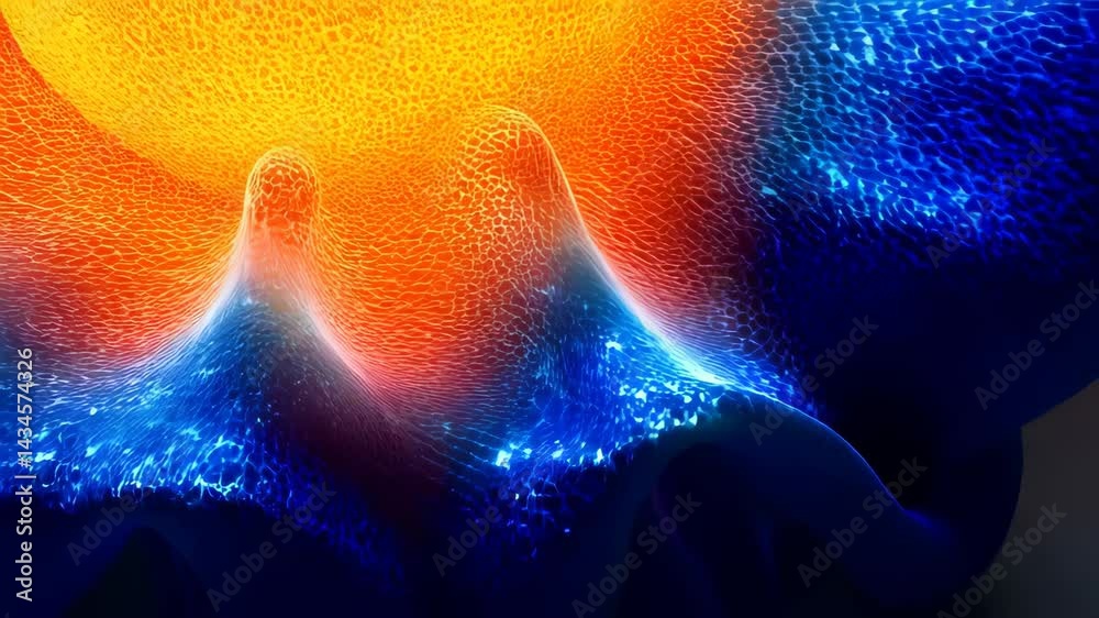 A close-up of a brightly colored abstract flower-like shape with vibrant orange and blue hues, showcasing intricate textures.