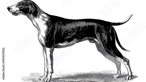 Vintage illustration of a hunting dog in profile.