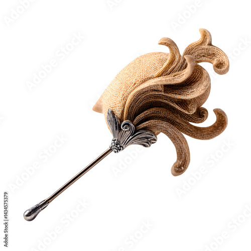 wide angle image of a hat pin shaped like a swirling gust of wind, isolated on white background