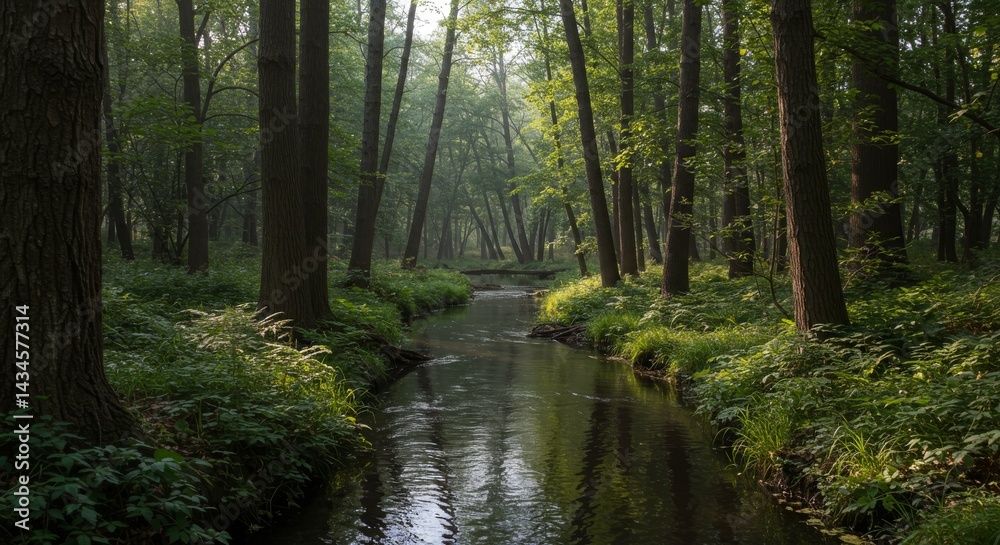 Fototapeta premium Serene Forest Stream - Tranquil forest scene, gentle stream, lush greenery, sunlight filtering through trees, peaceful nature. Symbolizing peace, serenity, nature's beauty, tranquility, and renewal
