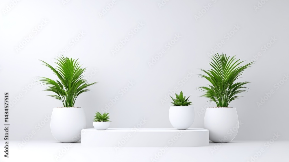 Fototapeta premium Minimalist, white podium with potted plants. Empty display platform for product presentation. Clean and modern aesthetic