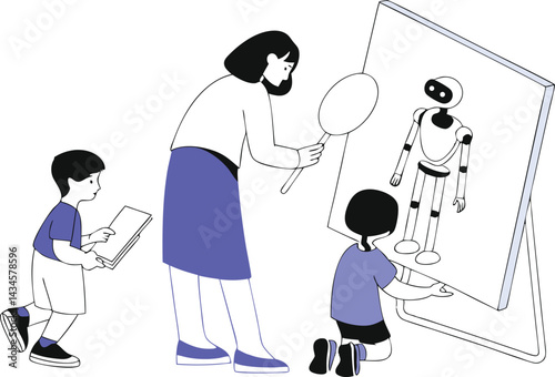 Teacher and Children Studying Robot Design on Easel